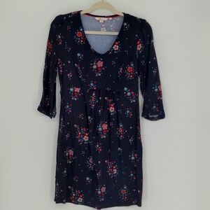 Boden Eliza Dress Women's Size 4 Floral Print 3/4 Sleeve V-Neck Tunic Navy Blue